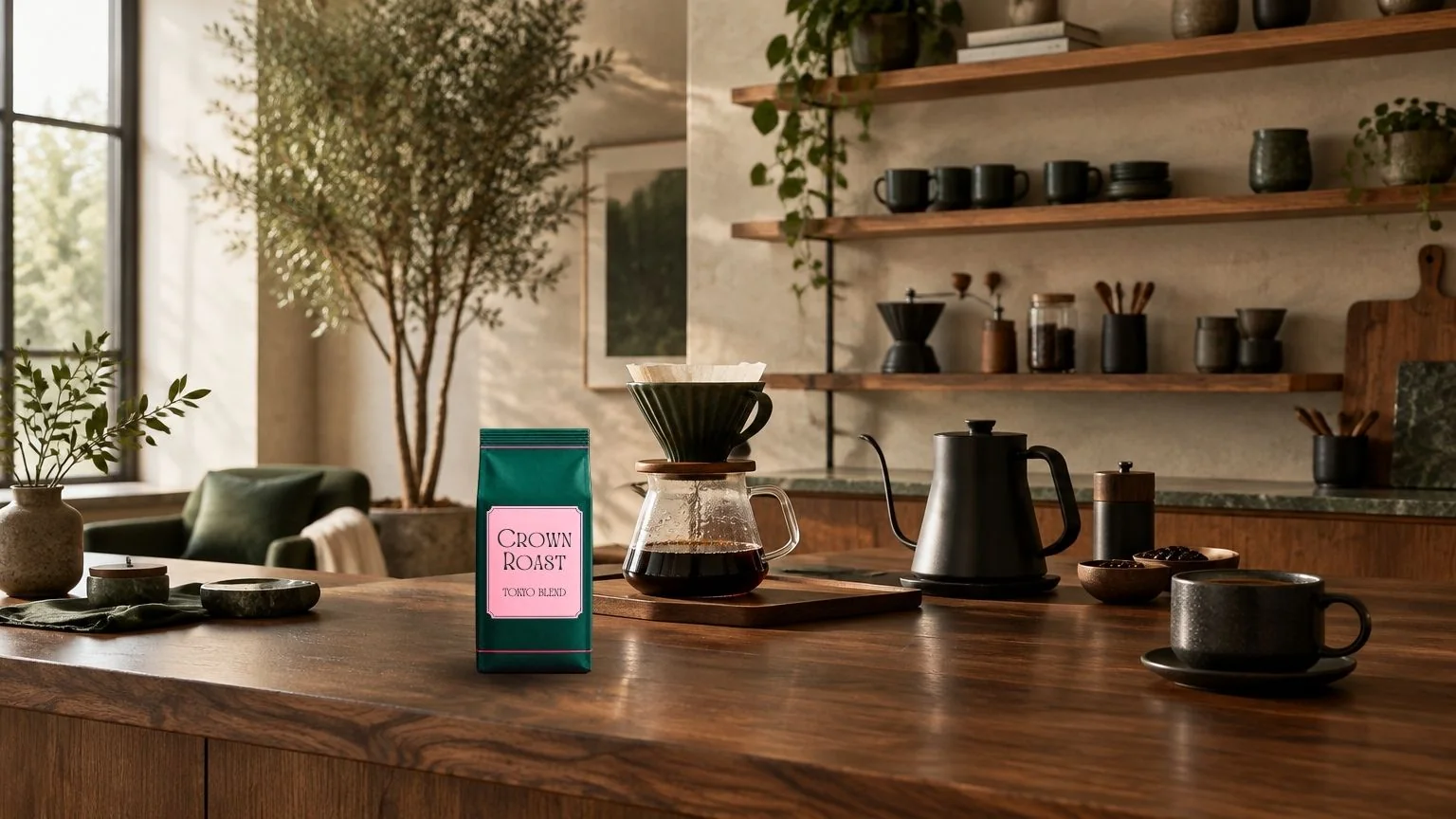 CROWN ROASTのコーヒーと器が置かれた木のテーブル