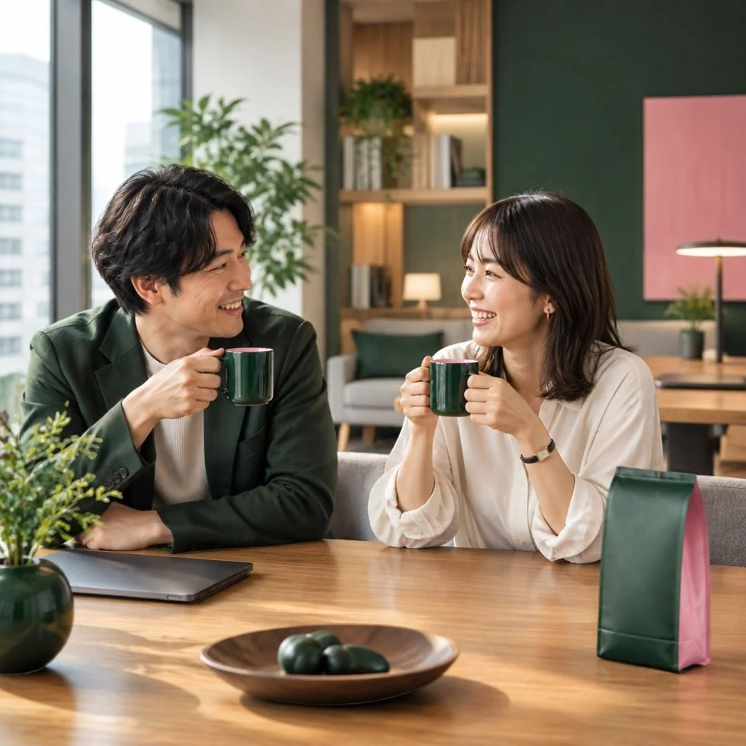 仕事仲間の男女がコーヒーを飲みながら笑顔で会話するイメージ