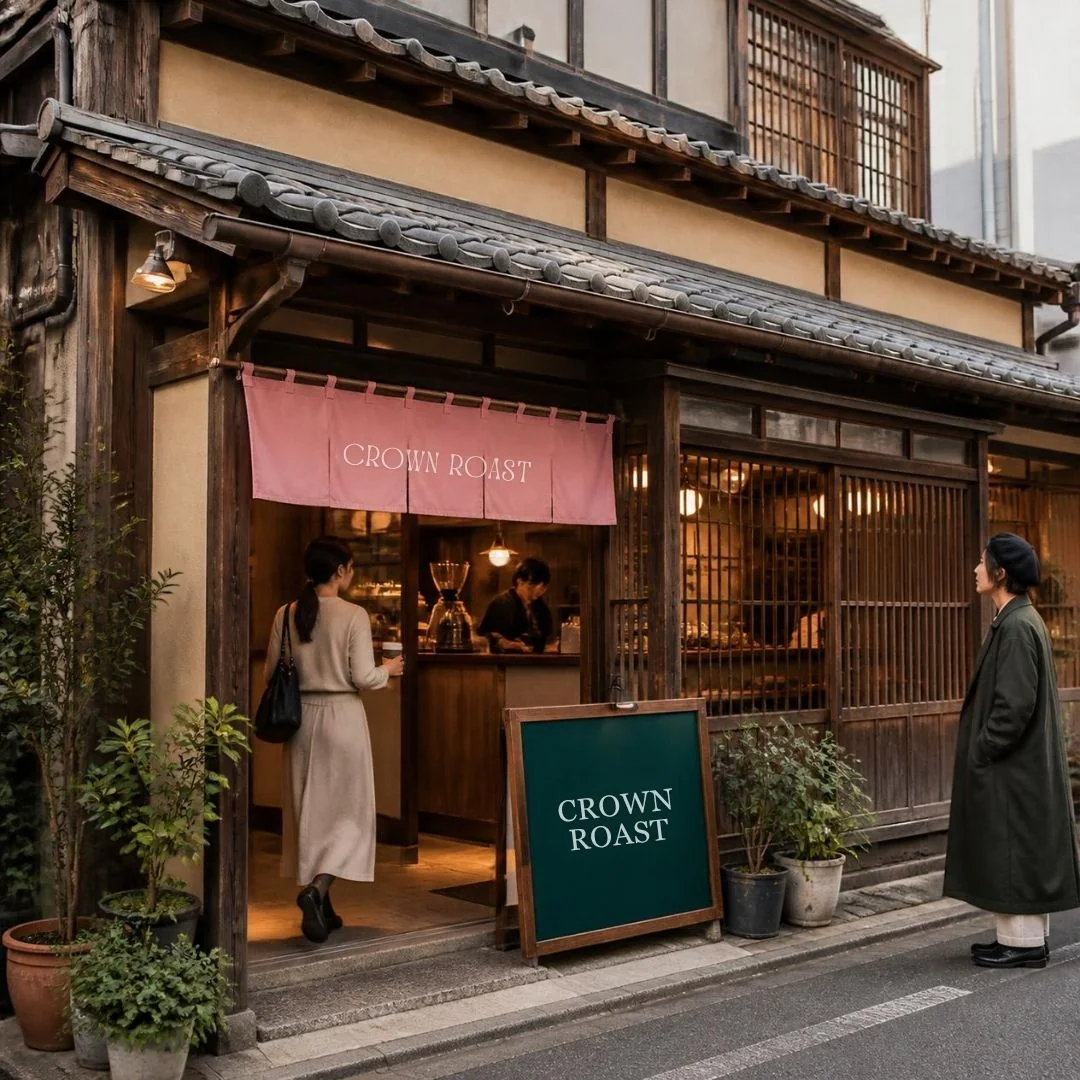 CROWN ROASTのロゴが飾られた木造の架空カフェ外観