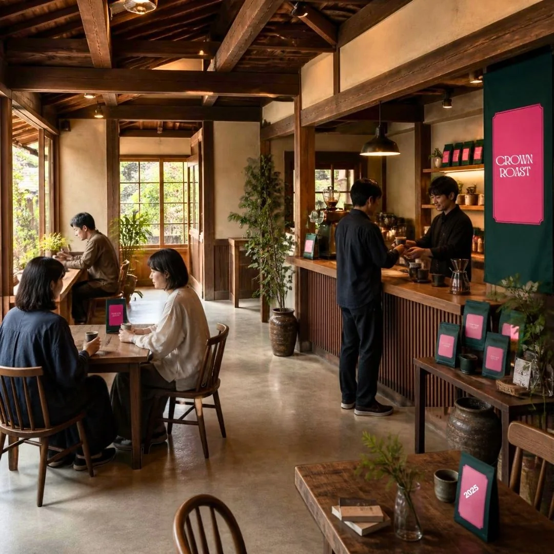 木の温もりある架空カフェ店内でコーヒーを楽しむ人々